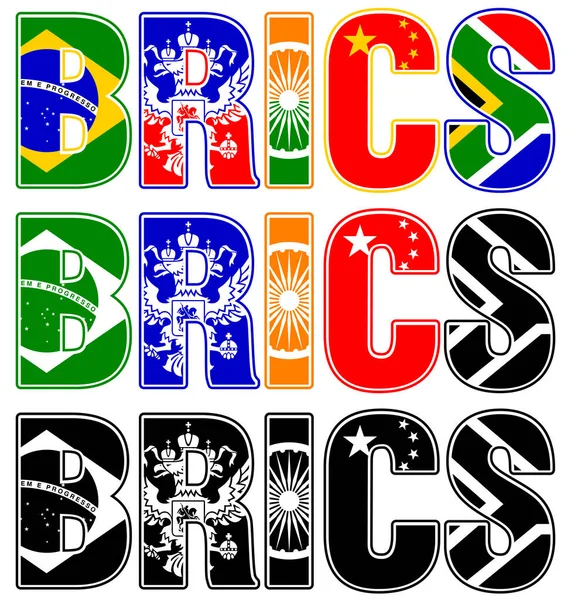 Brics Gipfelflaggen Symbole Mit Farben Und Schwarz Weiß Vektorillustration — Stockvektor
