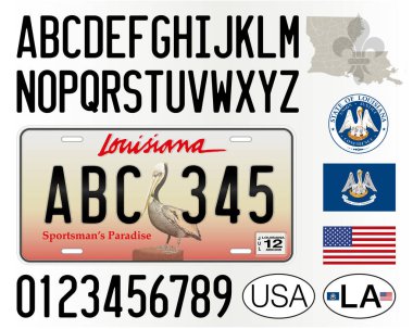 Louisiana State plaka kalıbı, harfler, sayılar ve semboller, vektör illüstrasyonu, ABD