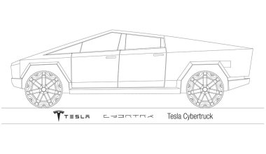 Birleşik Devletler, 2019 yılı, yeni Tesla Cybertruck konsept arabası, silueti beyaz arka planda, vektör illüstrasyonunda.