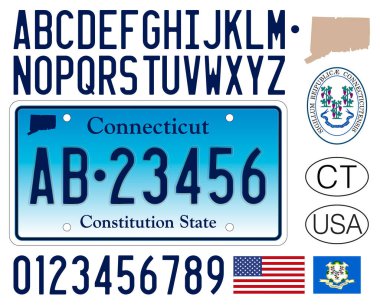 Connecticut araba plakası, ABD, harfler, sayılar ve semboller, vektör illüstrasyonu, ABD