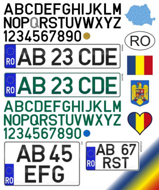 Romanya, Avrupa ülkesi, çeşitli plakalar, harfler, sayılar ve semboller, vektör illüstrasyonu, Avrupa Birliği