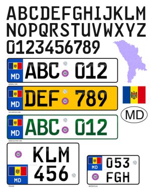 Moldova arabası ve çeşitli plakalar, harfler, sayılar ve semboller, vektör illüstrasyonu, Avrupa