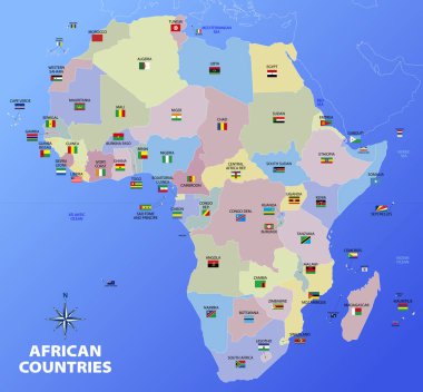 Map of African continent divided by nations and states with flags and country names, vector illustration clipart