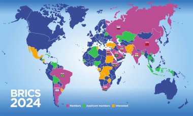 BRICS ülkeleri 2024 yılında yeni üyeler, uluslararası ekonomik organizasyon ve vektör illüstrasyonla haritasını çıkardılar