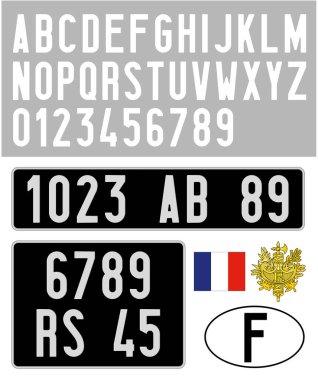 Fransız araba klasik plakası, harfler, rakamlar ve simgeler siyah arka planlı eski tarz, Fransa, vektör illüstrasyonu
