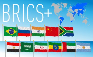 BRICS Plus organizasyonu, ülkelerin bayraklarını sallıyor ve harita, 2023 yılı, vektör illüstrasyonu