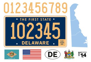 Delaware plaka modeli, numaralar ve semboller, vektör illüstrasyonu, ABD