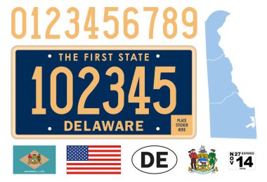 Delaware car license plate pattern, numbers and symbols, vector illustration, USA clipart