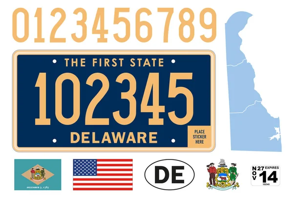 stock vector Delaware car license plate pattern, numbers and symbols, vector illustration, USA