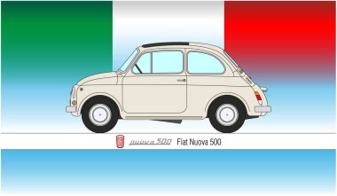 İtalya, 1957 yılı, Nuova Fiat 500 popüler araba arka planda İtalyan bayrağı, vektör illüstrasyonu ana hatlarıyla