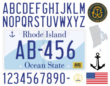 Rhode Island US state car old license plate pattern, letters, numbers and symbols, vector illustration, USA