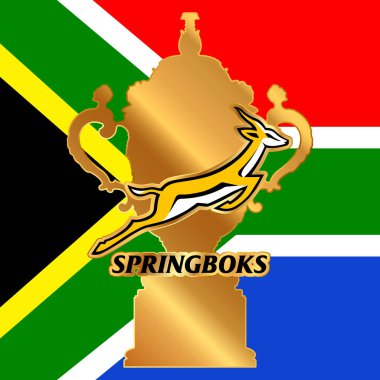 Rugby Dünya Kupası 2023 ve şampiyon Güney Afrika takımı Springboks logosu, ulusal bayrak üzerinde dünya şampiyonu, vektör illüstrasyon