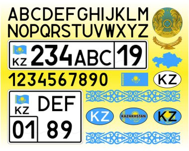 Kazakistan araba plakası, harfler, sayılar ve semboller, vektör illüstrasyonu, Asya ülkesi