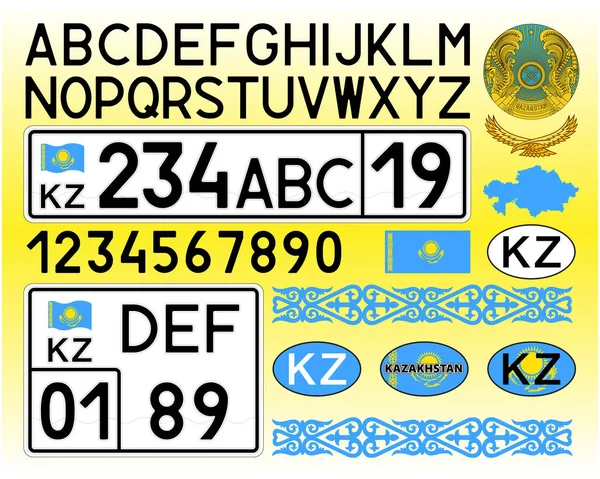 Kazakistan araba plakası, harfler, sayılar ve semboller, vektör illüstrasyonu, Asya ülkesi