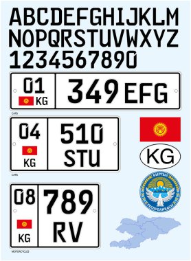 Kyrgyzstan car license plate, letters, numbers and symbols, vector illustration, asiatic country clipart