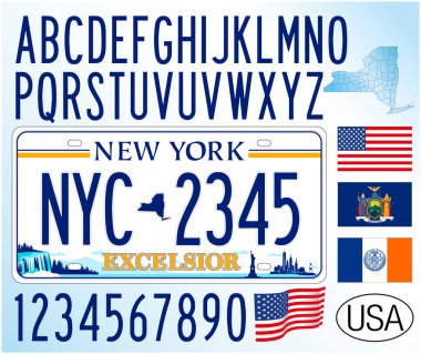 New York State araba plakası, yeni model 2020, harfler, sayılar ve semboller, ABD, ABD, vektör illüstrasyonu