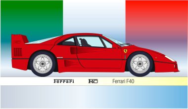 Maranello, İtalya, 1987 yılı, Ferrari F40 klasik süper araba, İtalyan tasarımı, İtalyan bayrağında belirtilmiş renkli vektör çizimi.