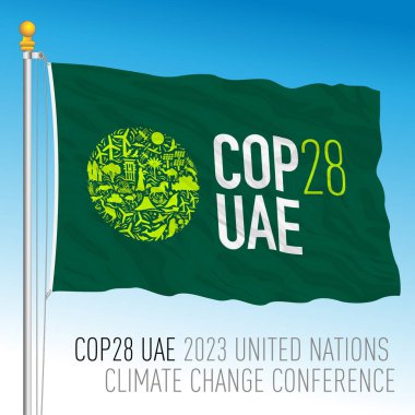 Dubai, Birleşik Arap Emirlikleri BAE, Kasım 2023, COP 28 İklim Konferansı (Birleşmiş Milletler İklim Değişikliği Konferansı 2023) sembollü bayrak sallama, vektör ilülasyonu