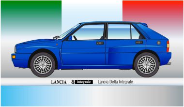 İtalya, 2014 yılı, Lancia Delta Integrale Ralli klasik otomobili, İtalyan bayrağı arka planında renkli vektör illüstrasyonu