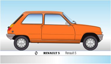 Fransa, 1972 yılı, Renault 5 klasik araba, ana hatlı siluet, mavi gökyüzü arka planında renkli vektör çizimi