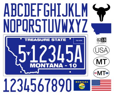 Montana araç plakası mavi stil, harfler, sayılar ve semboller, vektör illüstrasyonu, Montana State, ABD