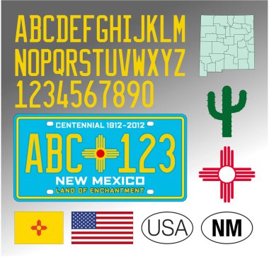 New Mexico otomobil Standart Centennial Plakası, harfler, sayılar ve semboller, vektör illüstrasyonu, ABD
