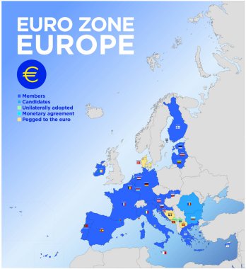 Euro Zone para birimi, 2024 yılı, vektör illüstrasyonu, bayraklı Avro Bölgesi haritası, sınırlar ve bölgeleri