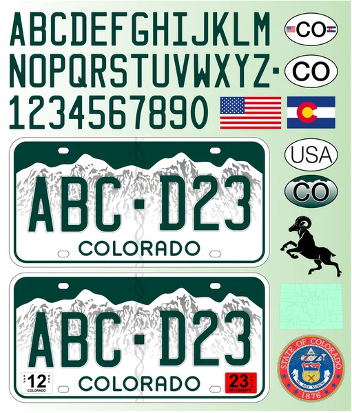 Colorado Stato Targa Auto Stile Verde Lettere Numeri Simboli Vettoriale — Vettoriale Stock