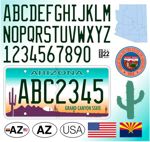 Автомобільні Номери Штату Арізона Літери Цифри Символи Векторні Ілюстрації Сша — стоковий вектор