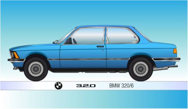 Almanya, 1981 yılı, BMW 320-6 silueti, klasik klasik araba, renkli vektör çizimi