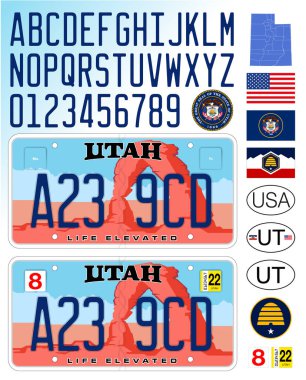 Utah state car license plate pattern with arch, letters, numbers and symbols, vector illustration, USA, United States of America