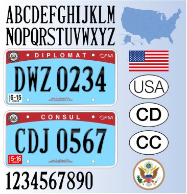 Diplomatik ve Konsolosluk ABD plakası, harfler, sayılar ve semboller, vektör illüstrasyonu, ABD
