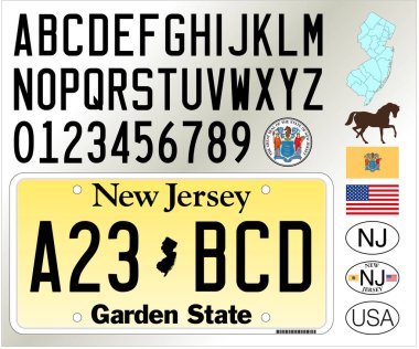 New Jersey plaka kalıbı, harfler, sayılar ve semboller, vektör illüstrasyonu, ABD