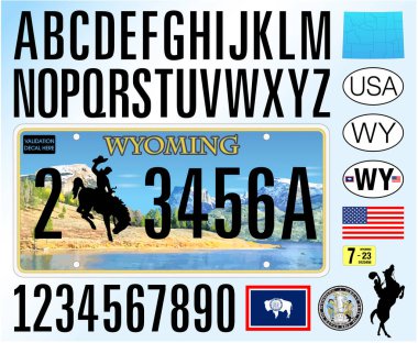 Wyoming araba plakası, harfler, sayılar ve semboller, vektör illüstrasyonu, ABD