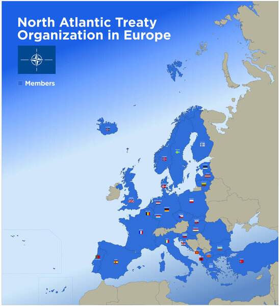 North Atlantic Treaty Organization in Europe map with the territorial division of the states, names and flags of the nations, vector illustration, march 2024