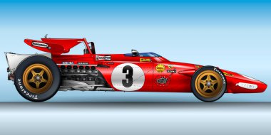 Maranello, Modena, Italy, year 1970 - Ferrari 312 B, 1970 F1 world championship, number 3, driver Jacky Ickx, graphic illustration, vintage and historical sport car