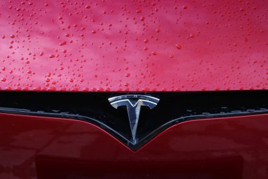 Modena, İtalya, 4 Mayıs 2024, Tesla model Y, logo markalı ön taraf, Motor Vadisi Festivali sergisi, kırmızı renk, editoryal