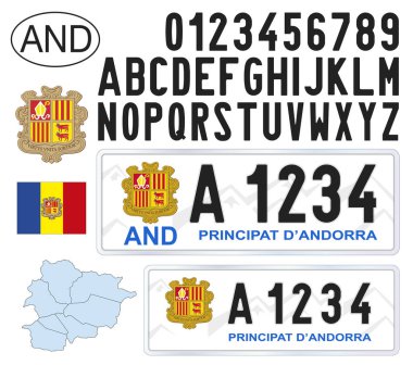 Andorra plaka kalıbı, harfler, sayılar ve semboller, vektör illüstrasyonu