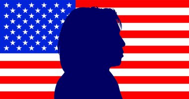 USA, year 2024, Kamala Harris, United States, profile portrait, silhouette on American flag, vector illustration clipart