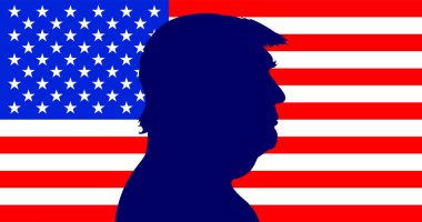 ABD, yıl 2024, Donald Trump siluet portresi ABD bayrağı, ABD, vektör illüstrasyon