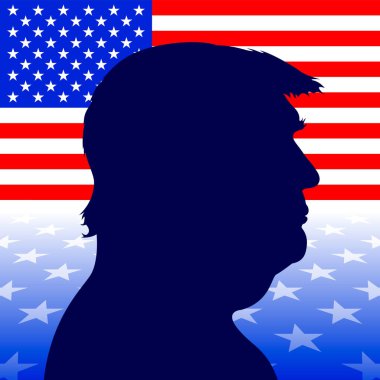 ABD, yıl 2024, Donald Trump siluet portresi ABD bayrağı, ABD, vektör illüstrasyon