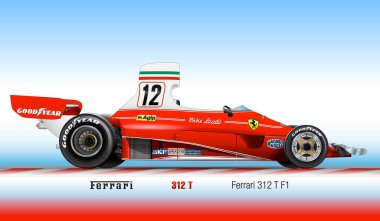 Maranello, Modena, İtalya, 1975 - Ferrari 312 T Formula 1 spor arabası, 12 numara Niki Lauda, F1 dünya sürücü şampiyonası, vektör ilüstrasyonu