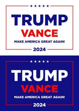 ABD, Temmuz 2024, Donald Trump ve Vance siyasi kampanya reklam poster resmi, mavi ve beyaz versiyon, ABD, vektör illüstrasyonu, ABD