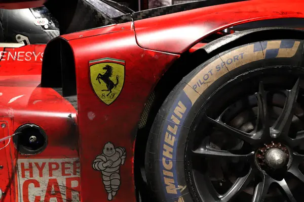 stock image Maranello, Modena, Italy, June 23 2024 - Ferrari Museum in Maranello, Ferrari 499 P detail, winner of Le Mans 2024 on display for visitors