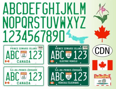 Prens Edward Adası plaka kalıbı, Kanada, harfler, sayılar ve semboller, vektör illüstrasyonu