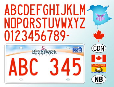 New Brunswick plaka modeli, Kanada, harfler, sayılar ve semboller, vektör illüstrasyonu, Amerikan ülkesi