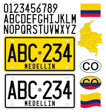 Colombia car license plate patern, letters, numbers and symbols, vector illustration, south america