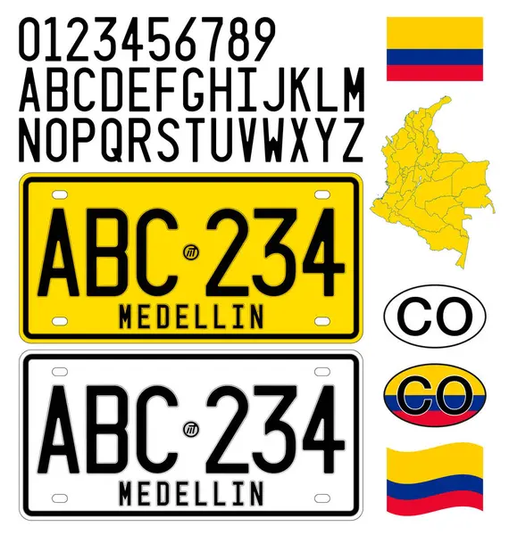 Stock vector Colombia car license plate patern, letters, numbers and symbols, vector illustration, south america