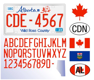 Alberta plaka modeli, Kanada, harfler, sayılar ve semboller, vektör illüstrasyonu, Kuzey Amerika