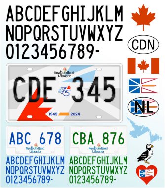 Newfoundland ve Labrador 'un yeni plaka modeli, Kanada, harfler, sayılar ve semboller, Kuzey Amerika, vektör illüstrasyonu